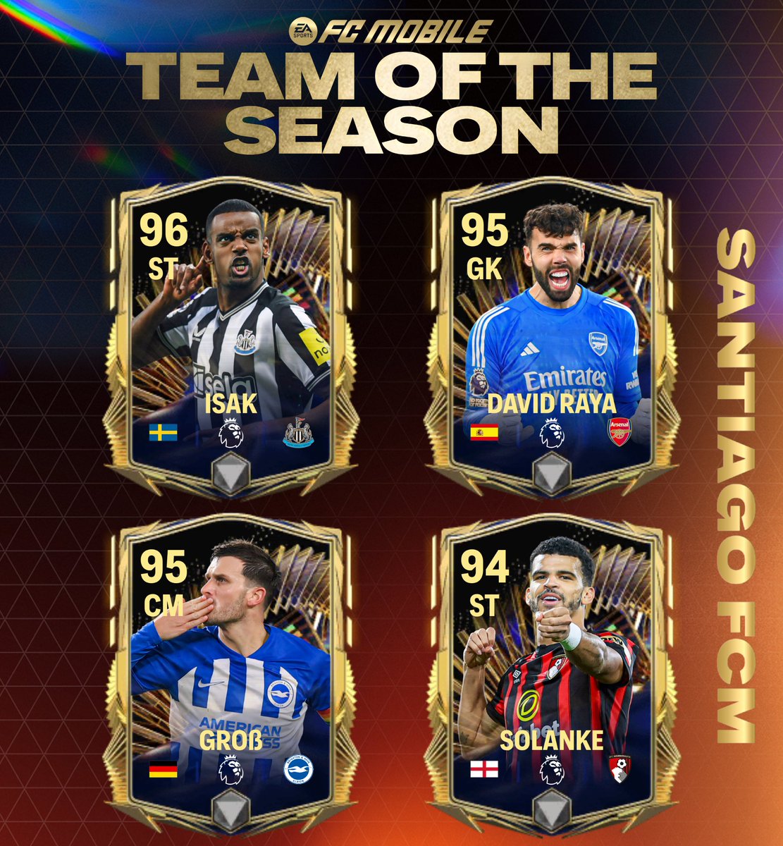 ⚡TOTS⚡ This is my concept of players who deserved to obtain a TOTS card from the Premier League, these 4 players were chosen from the comments of the aforementioned post 🇸🇪 Isak (24 ⚽ 1 🅰️) 🇪🇸 Raya (15 clean sheets 🥅) 🇩🇪 Pascal Grob ( 5 ⚽ 13 🅰️) 🏴󠁧󠁢󠁥󠁮󠁧󠁿 Solanke ( 20 ⚽ 4 🅰️)