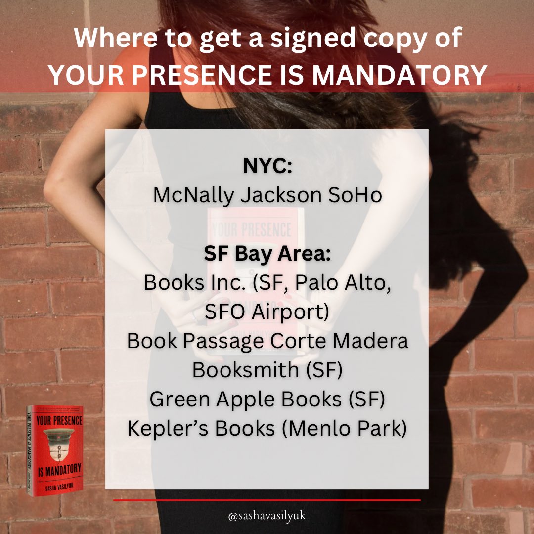 Want a signed copy of YOUR PRESENCE IS MANDATORY? Stop by or order (they ship!) from these amazing indie bookstores: @mcnallyjackson @BooksIncStores @bookpassage @Booksmith @GreenAppleBooks @Keplers