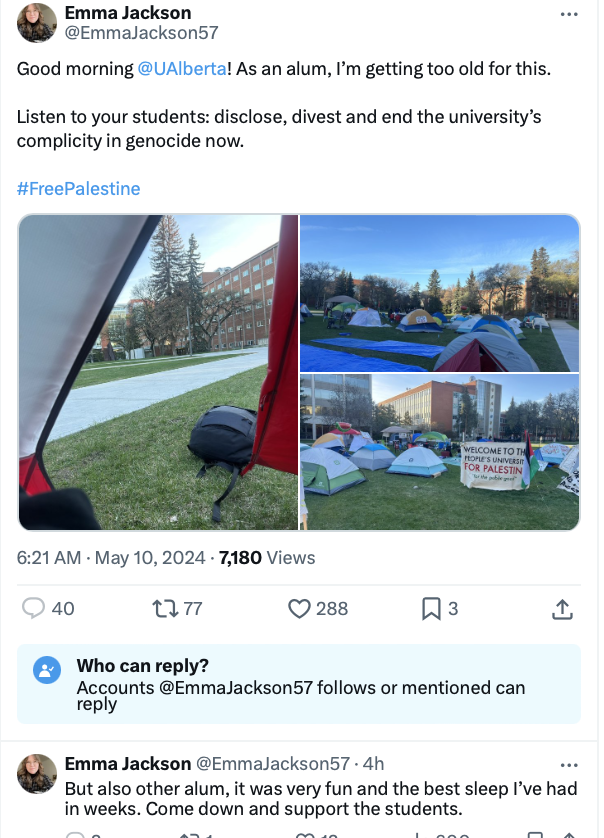 In the University of Alberta anti-Israel camp, an Edmonton-based staff member of the 350 Canada environmental protest charity. #bcpoli #cdnpoli