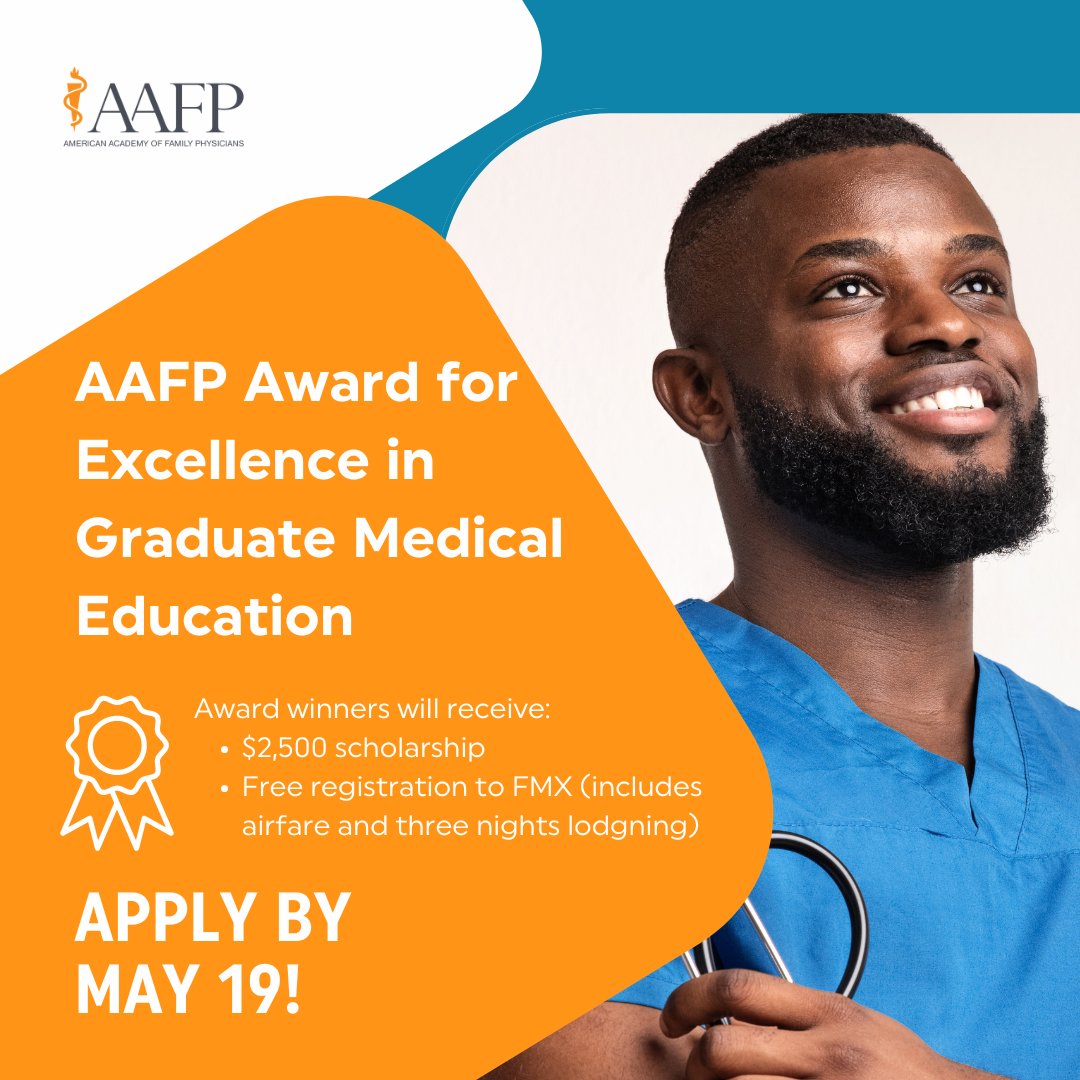 Be recognized for your outstanding work! Apply now for the AAFP Award for Excellence in Graduate Medical Education with a $2,500 scholarship and FREE registration to #AAFPFMX: bit.ly/3QFwIHc