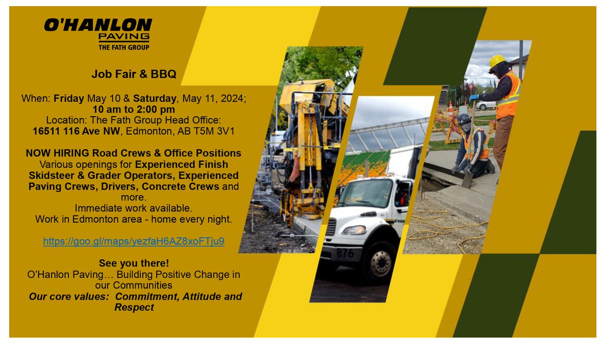 LOOKING FOR WORK? Our friends at O'Hanlon Paving are holding a Job Fair and BBQ today and tomorrow from 10:00 am - 2:00 pm. All the details you need are in the photos. #yeg #edmonton #yegjobs