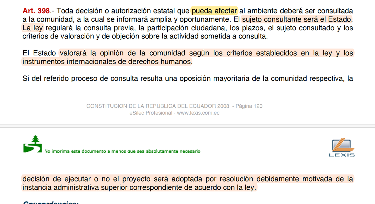 el art 398 ORDENA que toda decisión que pueda afectar al ambiente será consultada a la comunidad. vía reglamentos y 'catálogos' hechos a puertas cerradas por @ambiente_ec, RESTRINGEN el universo amplio del artículo 398. Constitución mata ley/reglamento/catálogo #OlónResiste