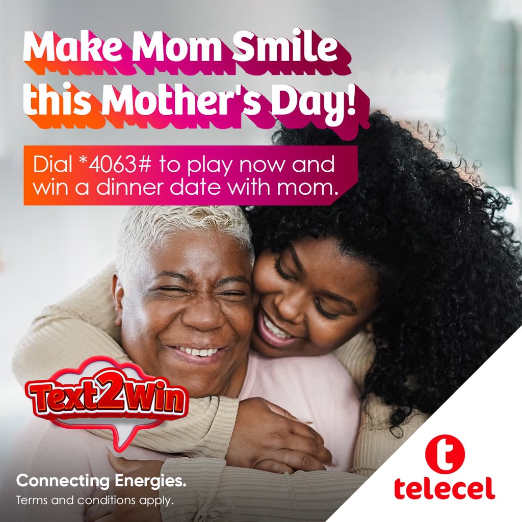 TelecelGhana's tweet photo. Give mom the love she deserves this Mother’s Day. Just dial *4063# to play and win a dinner date for two. 
#Telecel
#ConnectingEnergies
#Text2Win
#MothersDay https://t.co/8VoF2o6FRU
