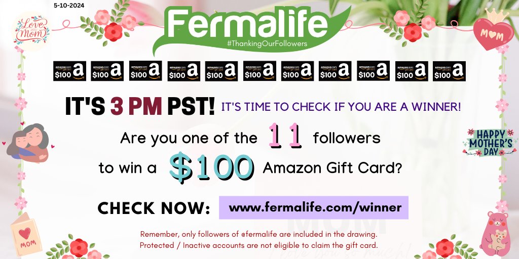 ✨💐IT'S 3 PM PST---It's time to check if you are a winner of our monthly #ThankingOurFollowers drawing for 11 followers to win a $100 #AmazonGiftCard💰 CHECK NOW: fermalife.com/winner (Winners have 24 hrs to confirm their win!) 💗