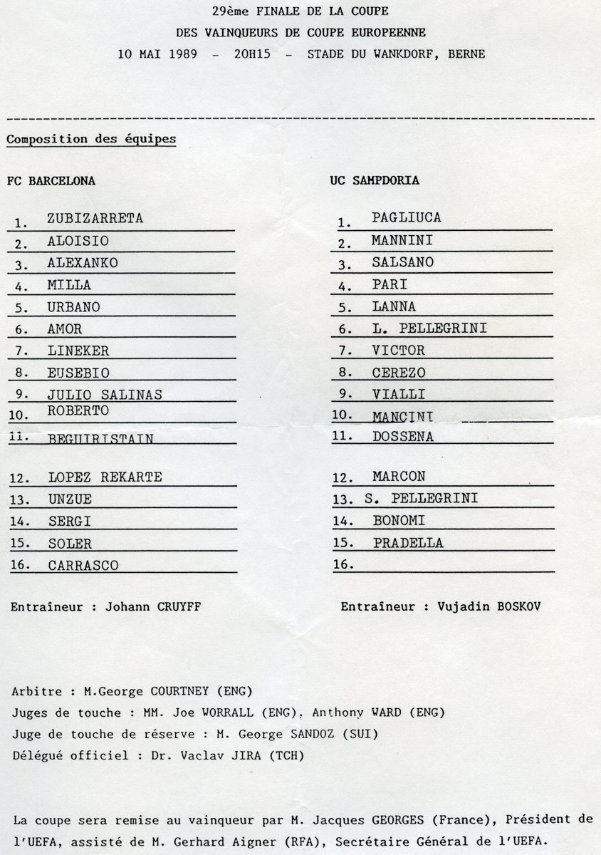Team sheet of the 1989 European Cup Winners Cup Final #Barça #FCBarcelona #ECWC #CupWinnersCup