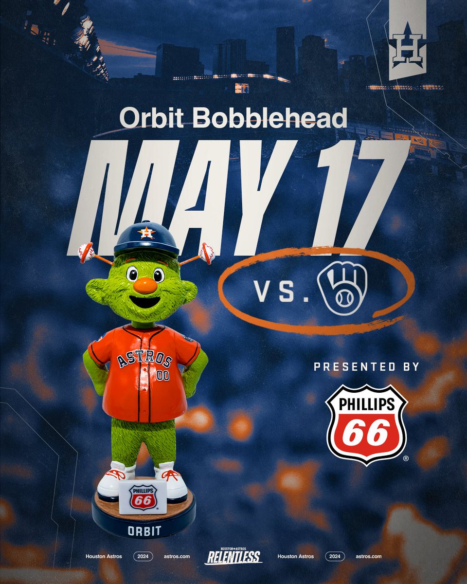 The perfect bobblehead to add to your collection! 10,000 fans in attendance on May 17th will receive an Orbit bobblehead, presented by @Phillips66Co. Learn more at astros.com/promotions