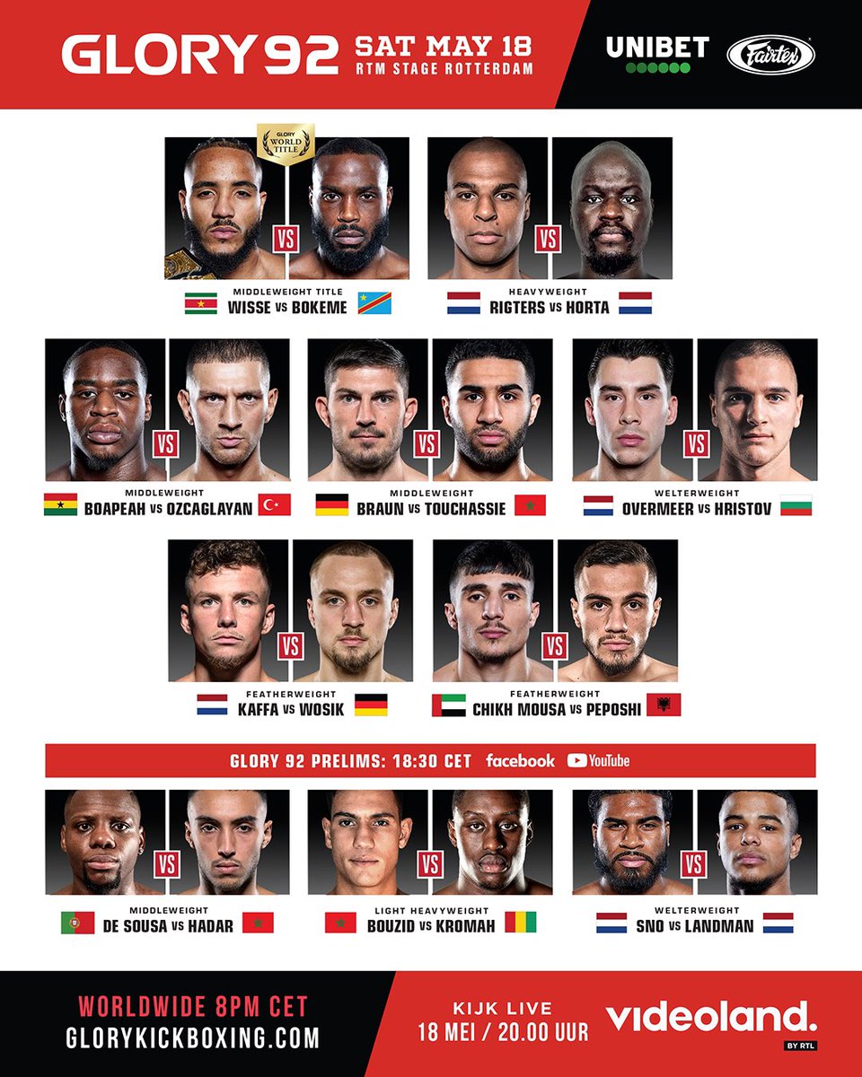 🚨BREAKING: Updated #GLORY92 fight card. Co-Main Event will now be Levi Rigters vs Nico Horta. Nico Horta replaces Jahfarr Wilnis, who is not able to compete due to an injury.