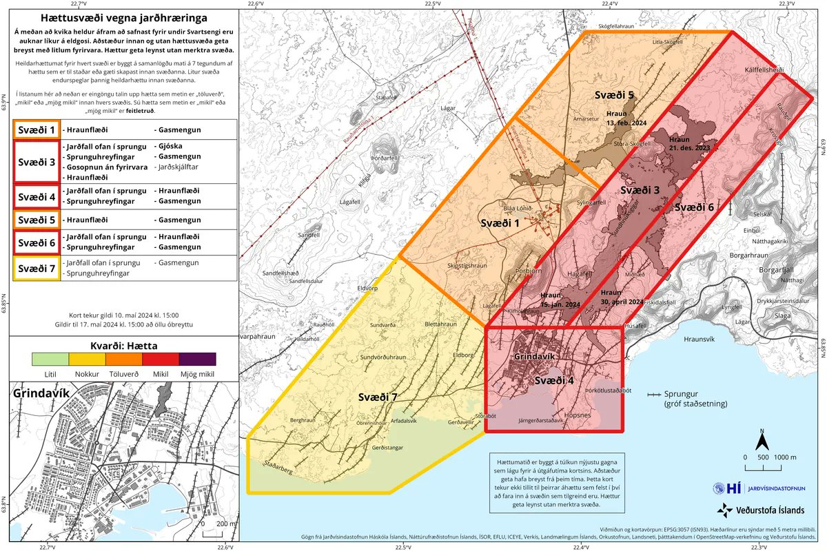 #Iceland 
Landrise continues under #Svartsengi where 14 million cubic meters of magma has accumulated. The new hazard assessment map for the eruption centers, #Grindavík and Svartsengi is valid until May 17.
ruv.is/frettir/innlen…