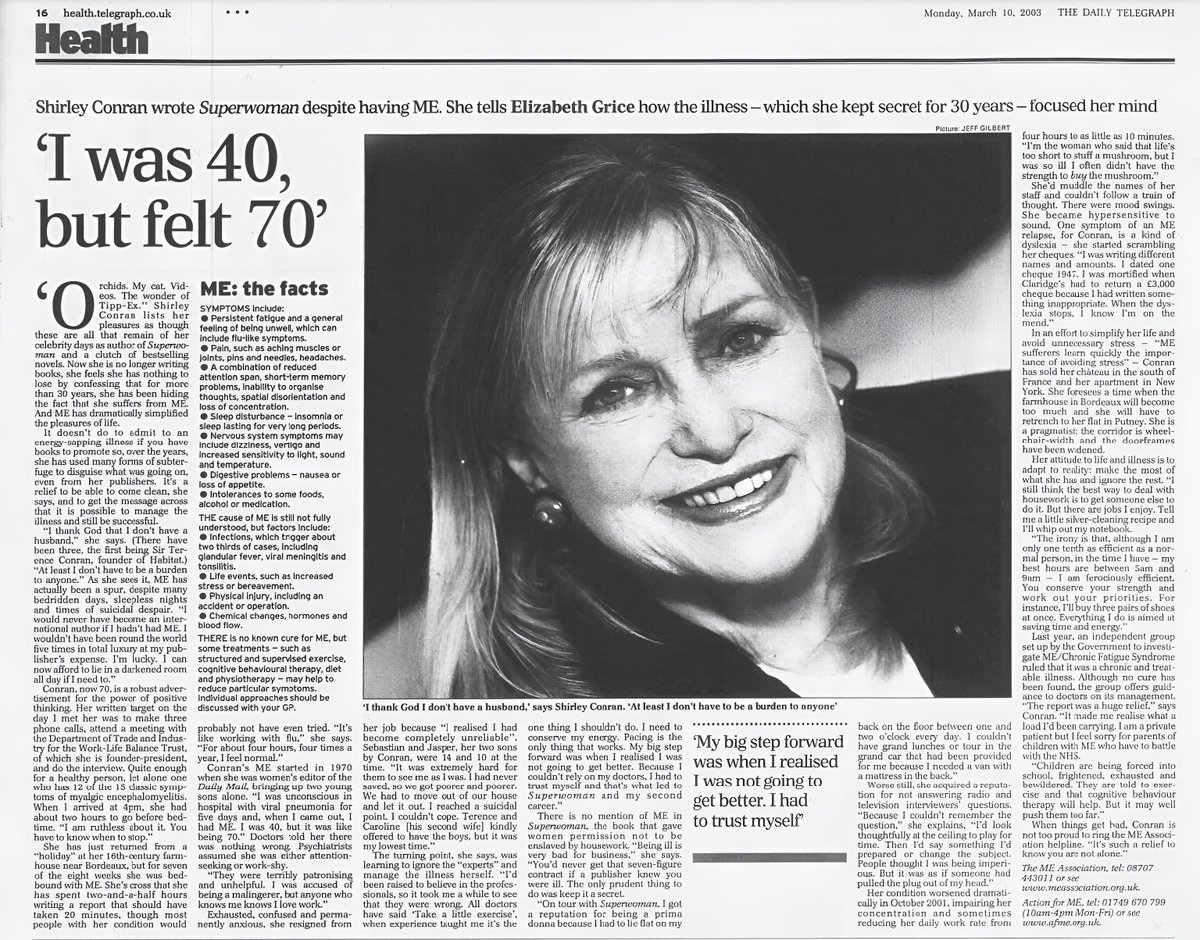 10th March 2003. A piece about the late Shirley Conran from the Daily Telegraph. #MyalgicEncephalomyelitis #myalgice #cfsme #mecfs #cfs #chronicfatiguesyndrome.