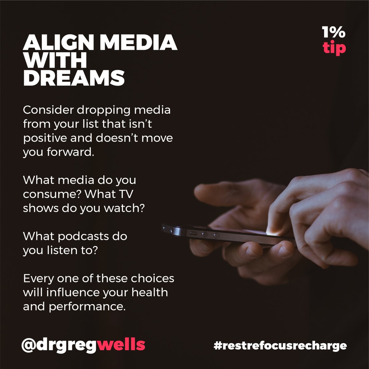 Rest Refocus Recharge Tactic: Align your media with your dreams

Have questions about how to focus better? Ask Dr Greg’s GPT: bit.ly/DrGregsGPT.

#restrefocusrecharge #sharpenyouredge #mentalhealth #breathe #wellness #mindset #brain #creativity #mindful #meditation