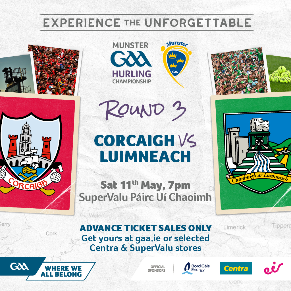 Saturday's Munster Senior Hurling Championship Round 3 game between @OfficialCorkGAA & @LimerickCLG at 7pm in Supervalu Páirc Uí Chaoimh is now SOLD OUT. Ticket holders are advised to arrive early to enjoy @TheHighKings who will be performing from 5:30pm munster.gaa.ie/event/2024-mun…