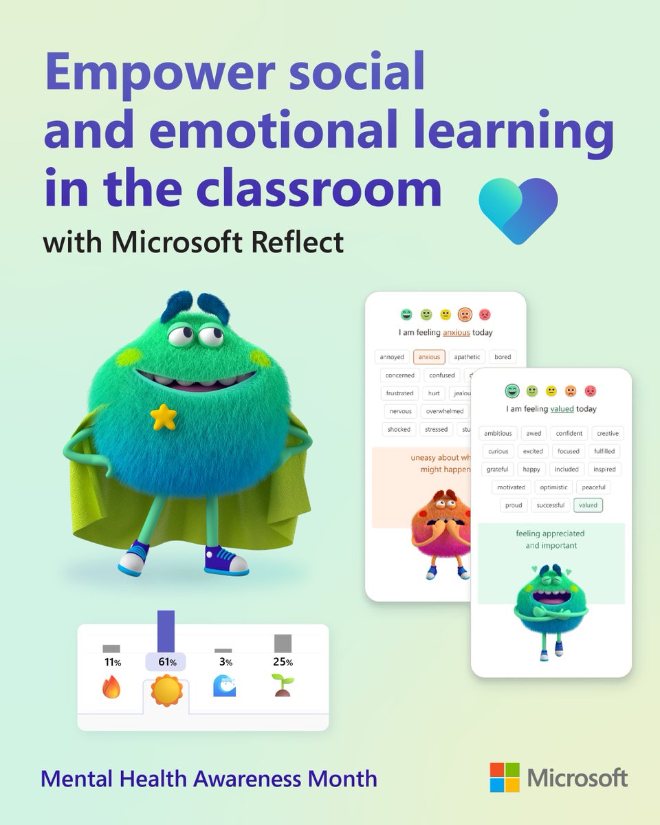 Microsoft Reflect helps educators create safe, supportive classrooms through #SEL. 💗 This #MentalHealth Awareness Month, foster emotional well-being, confidence, and explore other mindful resources from #MicrosoftEDU: msft.it/6010YnDUY