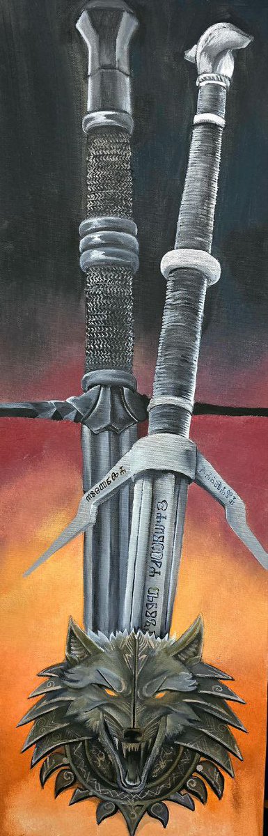12x36 acrylic painting featuring the iconic swords from The Witcher! Geralt's legendary blades, the Silver Sword and the Steel Sword. artbykatee.com #TheWitcher #GeraltOfRivia #SwordsOfDestiny #AcrylicArt @HenryCavillNews @witchergame @DCockle