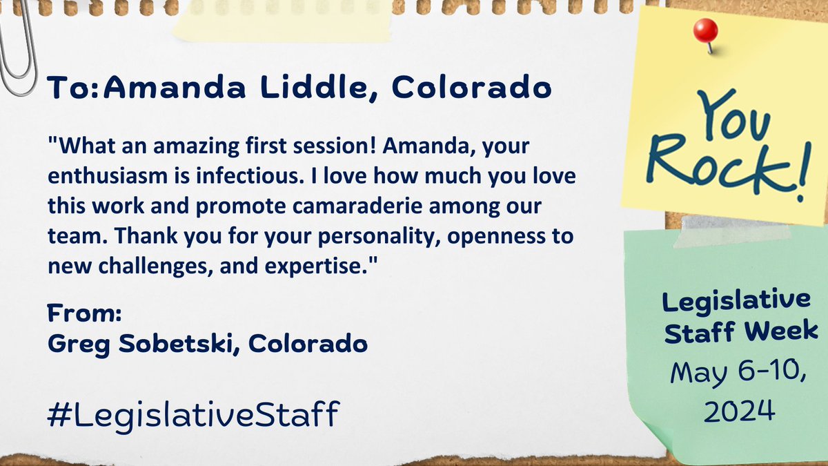 As part of NCSL's #LegislativeStaff Week, we are selecting a few 'shoutouts' to spotlight each day. Here's a shoutout for Amanda Liddle in the Colorado General Assembly! Have someone in mind for a 'shoutout'? Today is the last day to submit yours➡️ bit.ly/3wf0r2K #COleg