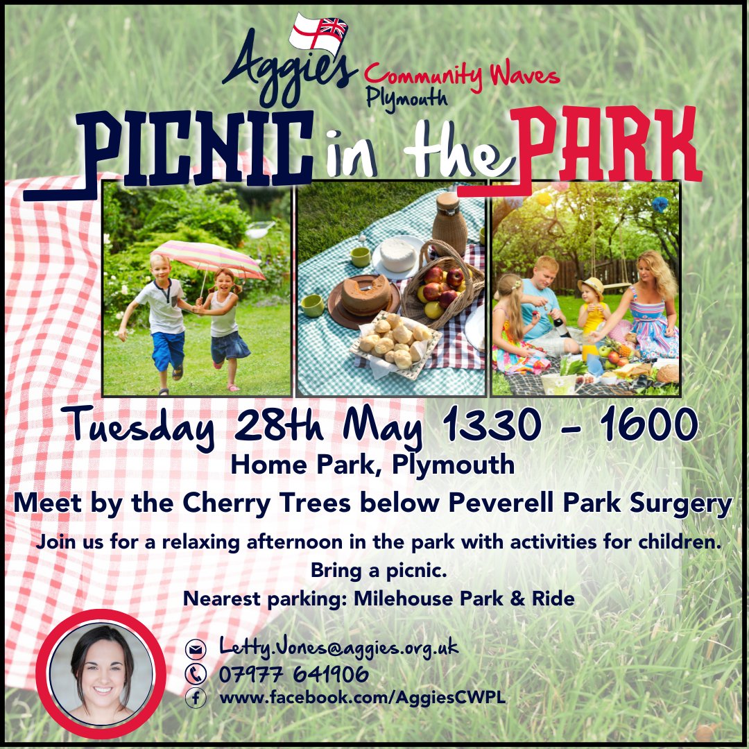 MAY HALF TERM in Plymouth - Join Aggie's Community Waves Team on Tuesday 28th May in Home Park for an afternoon picnic and activities for children. 🌳Don't forget your own picnic 🍓🌞 No need to book just turn up!