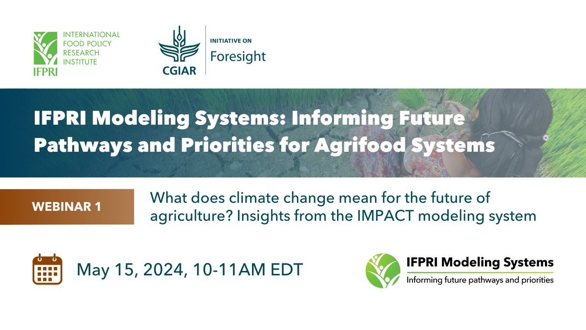 🔊 Join our #webinar on May 15! 🌍 What does #climatechange mean for the future of #agriculture? Insights from the IMPACT modeling system. Learn more & register 👉 ow.ly/7bqH50RC60N 🤝@CGIAR #ForesightInitiative @aditimukherji @Inga_JM @DrTimThomas @FaaiqaHartley