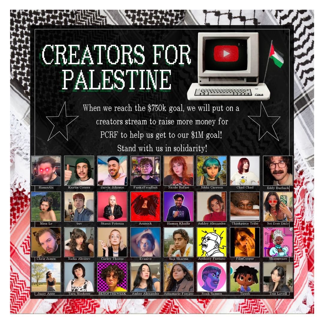 several content creators have come together to start an initiative called creators for palestine, committed to raising $1M for the palestine children’s relief fund.

please consider taking the time to look into this project and donating what you can 🇵🇸🍉