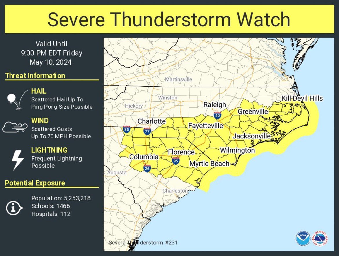 May 10, 2024 - A severe thunderstorm watch has been issued for Calhoun, Clarendon, Fairfield County, Kershaw, Sumter, Lee, Newberry, and Lexington counties until 9 PM.