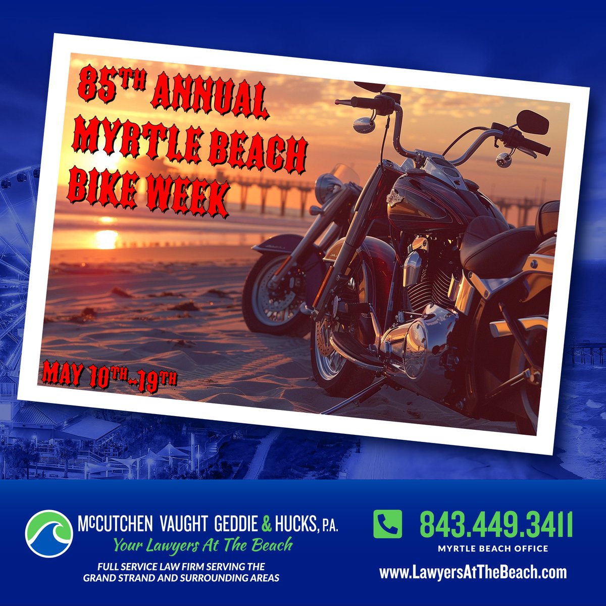 Roaring engines, coastal breeze, and the thrill of freedom—welcome to the 85th Annual Myrtle Beach Bike Week! As riders converge on the Grand Strand, remember to ride safe and enjoy the journey. We're here if you need us. #motorcyclelaw #bikeaccident