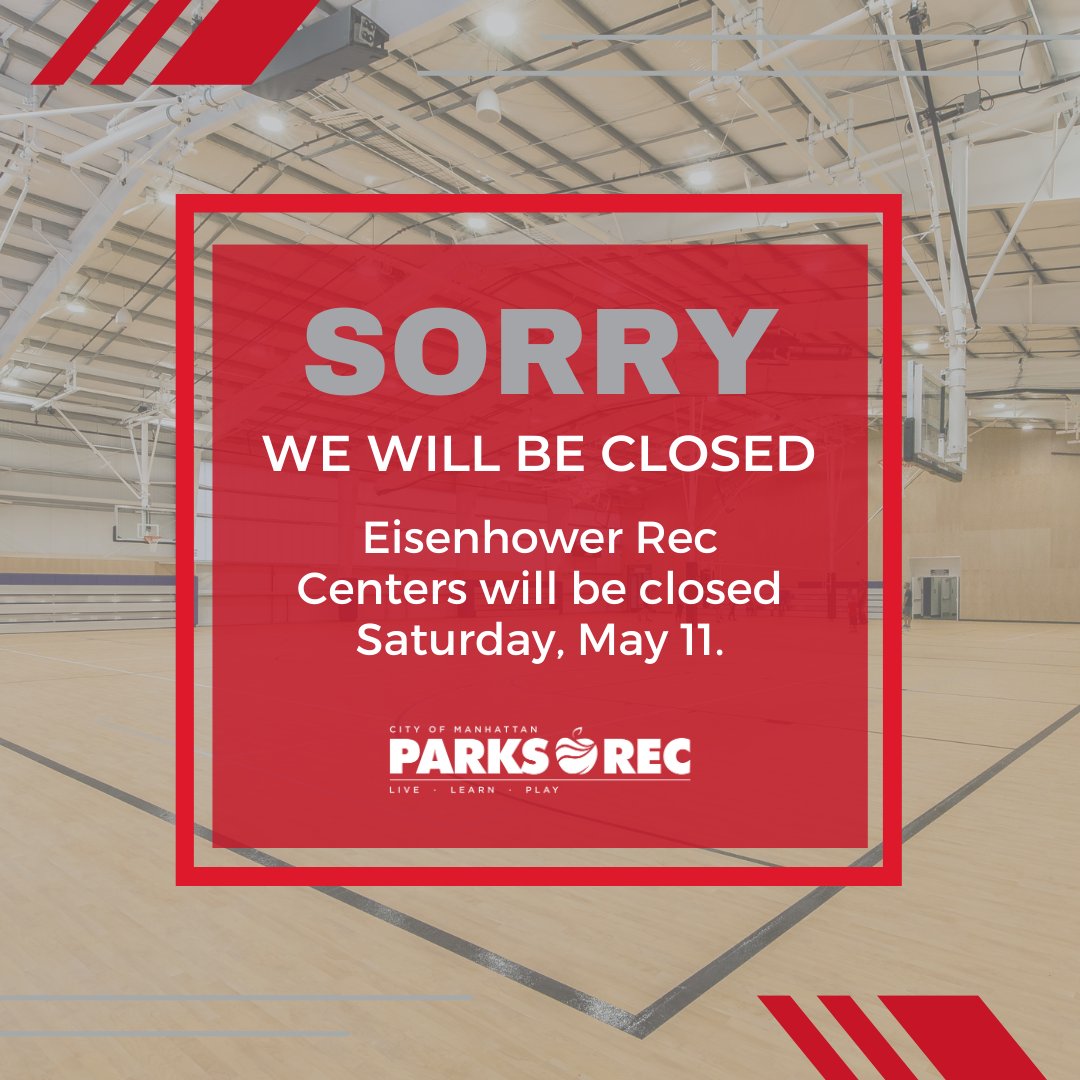 Eisenhower Rec Center will be closed tomorrow, Saturday, May 11. Anthony Rec Center will be open from 9 AM - 6 PM and the Douglass Activity Center will be open from 9 AM - 5 PM.