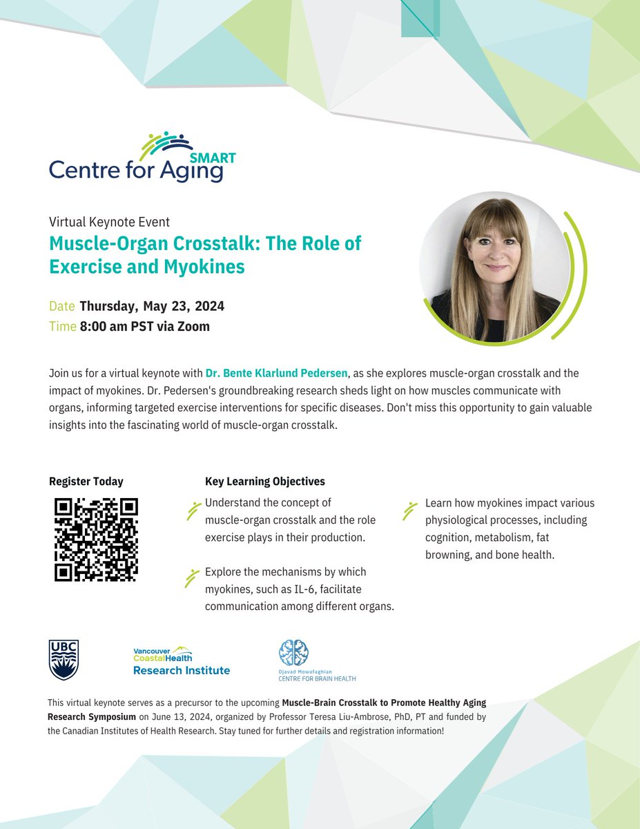 Have you signed up for @Aging_SMART’s virtual keynote on May 23? Register to hear Dr. Bente Klarlund Pedersen explain how muscle-organ crosstalk informs targeted exercise interventions for specific diseases: ow.ly/chrl50RAKhG @DMCBrainHealth @UBC_CogMobLab @CIHR_IRSC