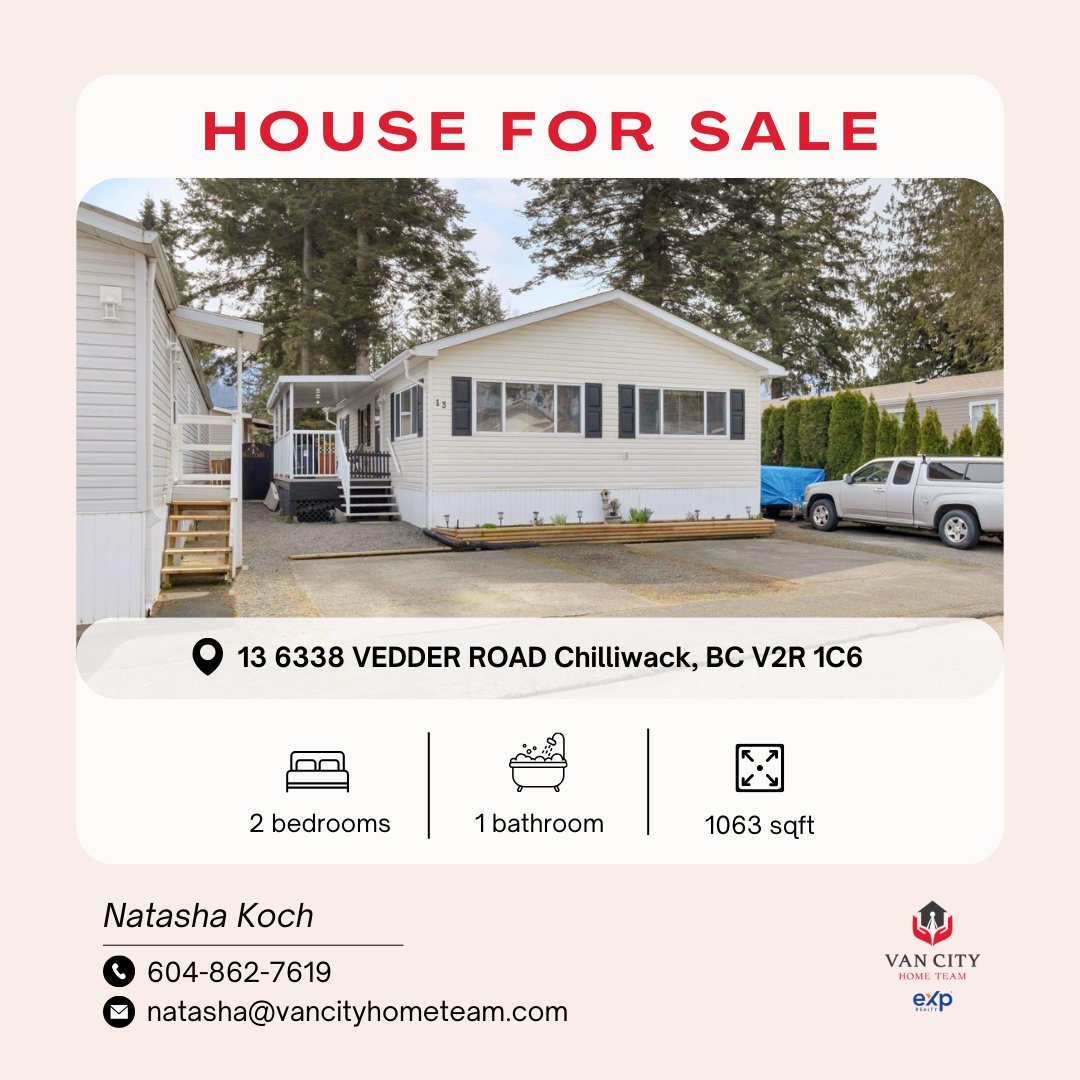 Calling all Chilliwack dreamers! This cozy 2 bed, 1 bath mobile home is waiting for you! Perfect for 1st-time buyers or downsizers. 😉 Near Vedder Rd! #ChilliwackRealEstate [link to listing] #VanCityHomeTeam #RealEstate