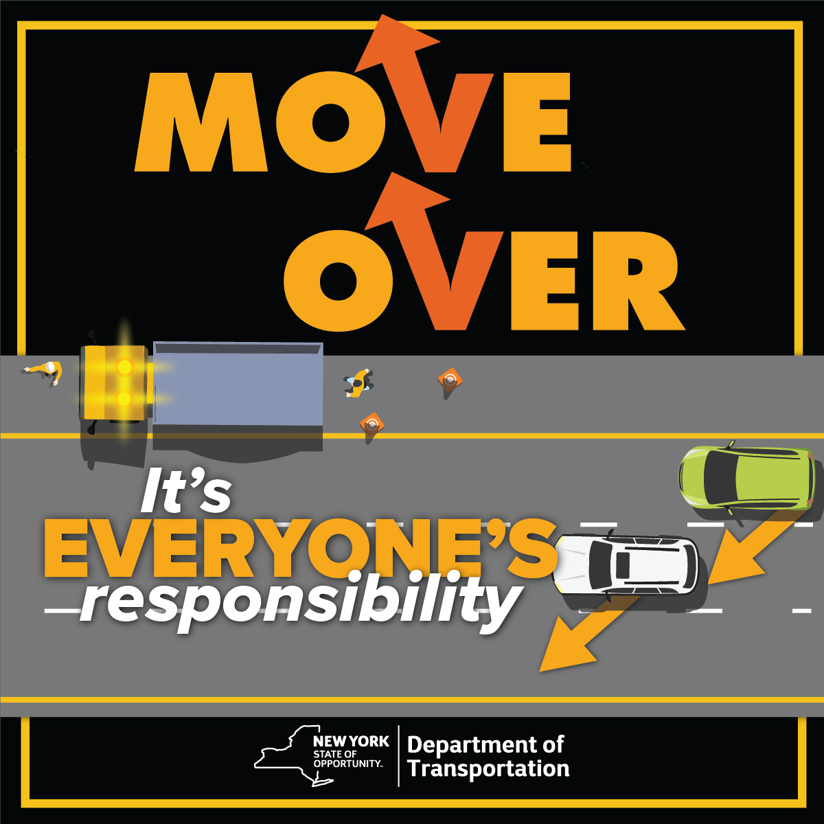 NY's Move Over Law protects ALL VEHICLES on the shoulder, including work zones. On a 3-lane highway, moving over from the middle lane isn't just about giving space; it allows vehicles in the closest lane to the work zone or disabled vehicles the room to safely merge. #MoveOver
