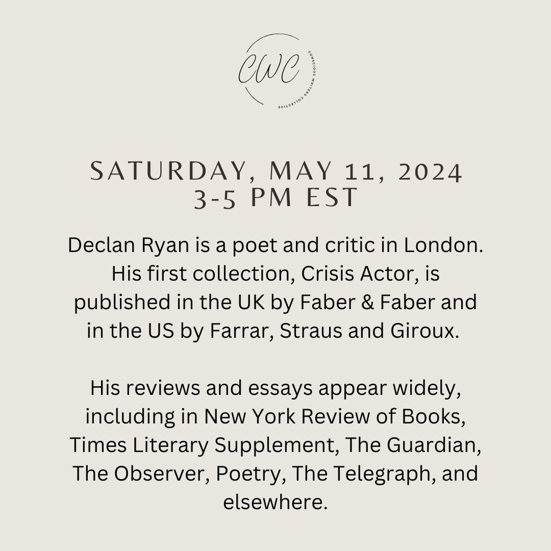 Tomorrow, I'm hosting the brilliant poet & critic Declan Ryan in CWC for a 2-hour session on writing epistolary poems. We'll discuss poems as letters (or letters as poems), poems a “an eavesdropping upon.” There are 10 spots for non-members. Hope to see you tomorrow!…