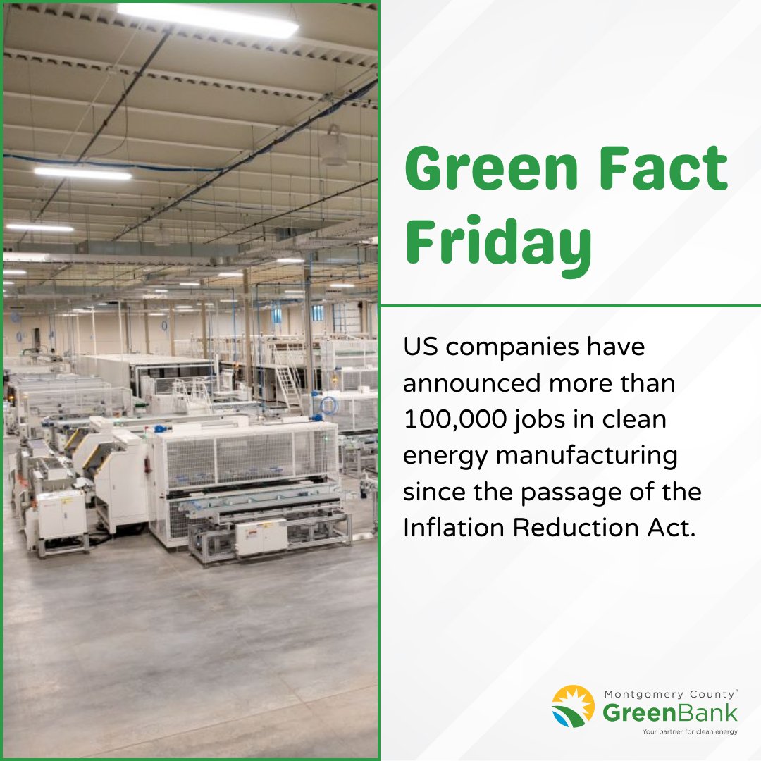 #DidYouKnow Since the Inflation Reduction Act, over 100,000 jobs in clean energy manufacturing have been unveiled by US companies? Solar shines brightest, making up over a quarter of the total. #GreenFactFriday #FunFact