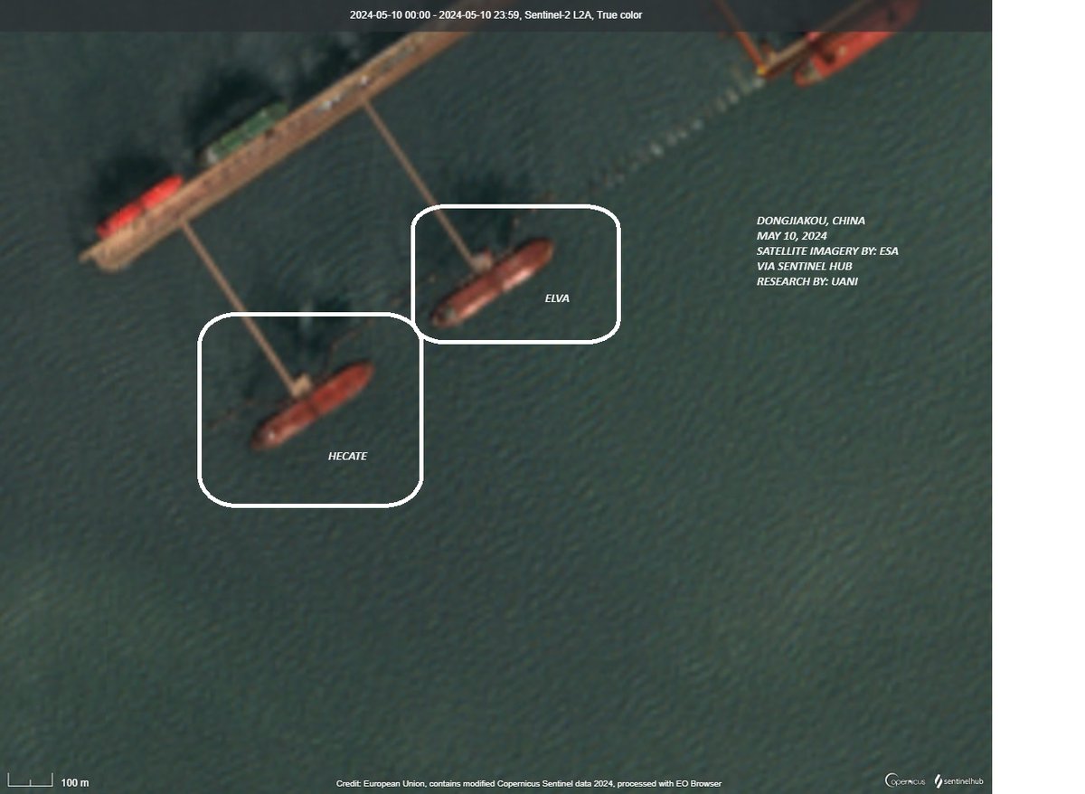 🚨Two vessels are blatantly offloading sanctioned #Iranian oil at Dongjiakou, #China, ignoring U.S. sanctions. HECATE loaded from the Iranian tanker DOVER on March 25 and was designated as an SDGT on April 4. ELVA, a notorious offender, loaded from Kharg Island, Iran, on April 2.…