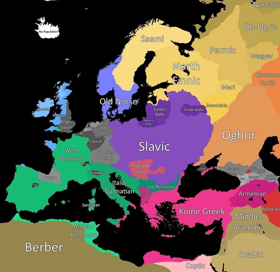 Linguistic map of Europe c. 600AD