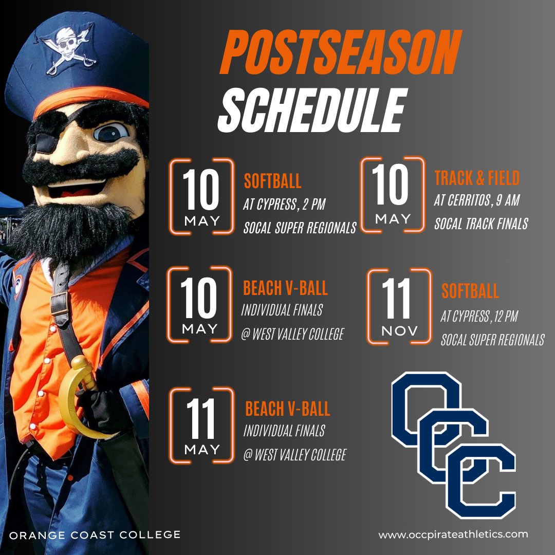 While ALL of our remaining teams still in competition are AWAY from OCC, there are plenty of events still happening! If you are up for a road trip, head out and support these fine programs as the 2024 spring semester winds down! GO PIRATES!! @orangecoast