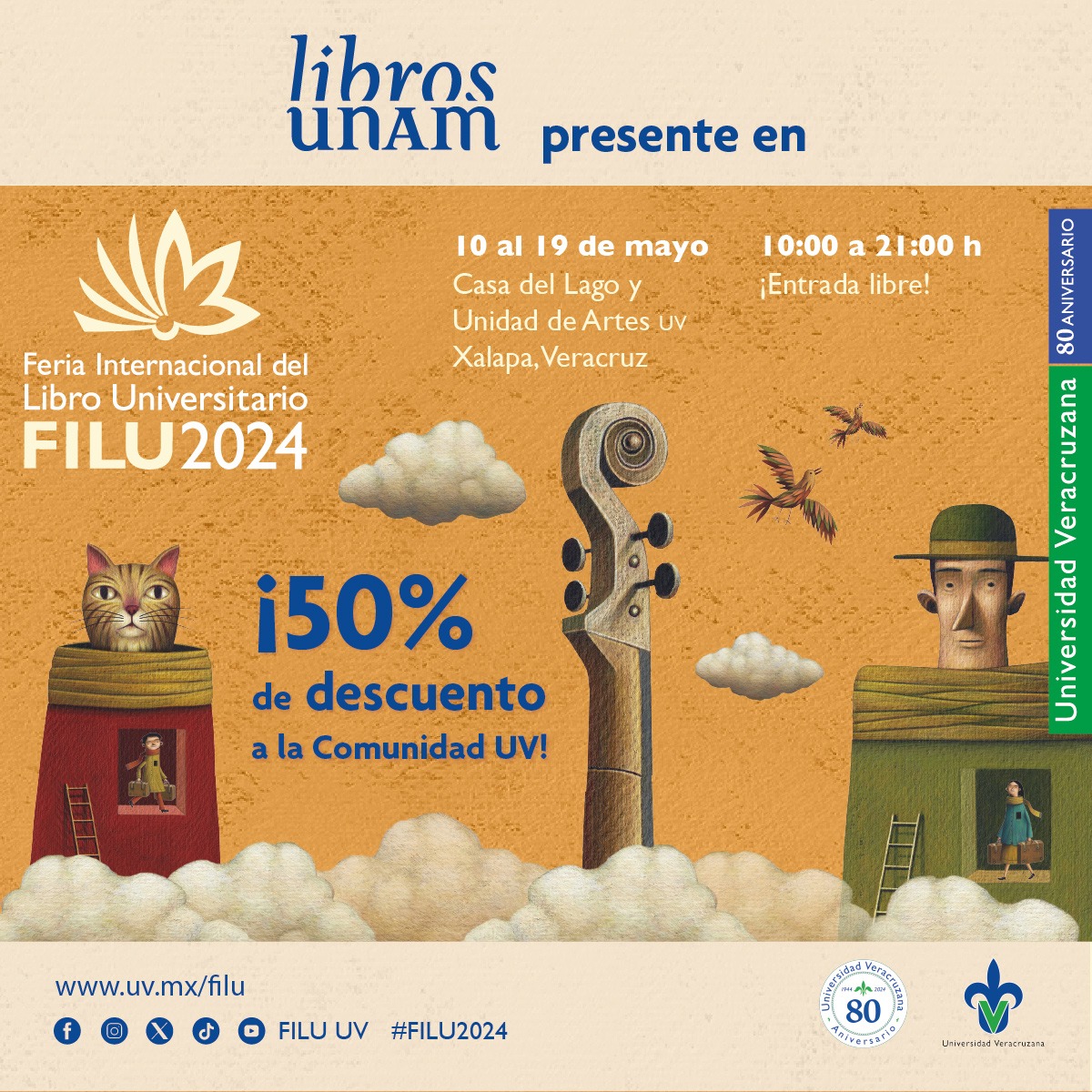 ⚠️¡Inicia la #FILU2024 y nos emociona compartir nuestros libros con las lectoras y los lectores en Veracruz! 🥰📚 50% de descuento a la comunidad @FILU_UV ¡Te esperamos en 📍 Casa del Lago y Unidad de Artes UV! 🗓️10 al 19 de mayo. 🕙10:00 a 21:00h. @ComunicacionUV