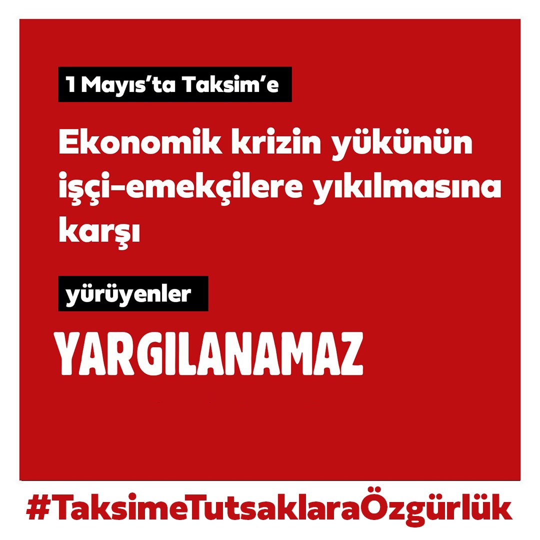 On milyonlarca emekçinin yoksullaştırılmasına; gençliğin geleceksizliğe, emeklinin açlığa mahkum edilmesine karşı çıkarak 1 Mayıs'a yürüren 50 dostumuz tutuklu! AKP'nin emekçiye çektiği barikatlar mücadele ile aşılacak! #TaksimeTutsaklaraÖzgürlük