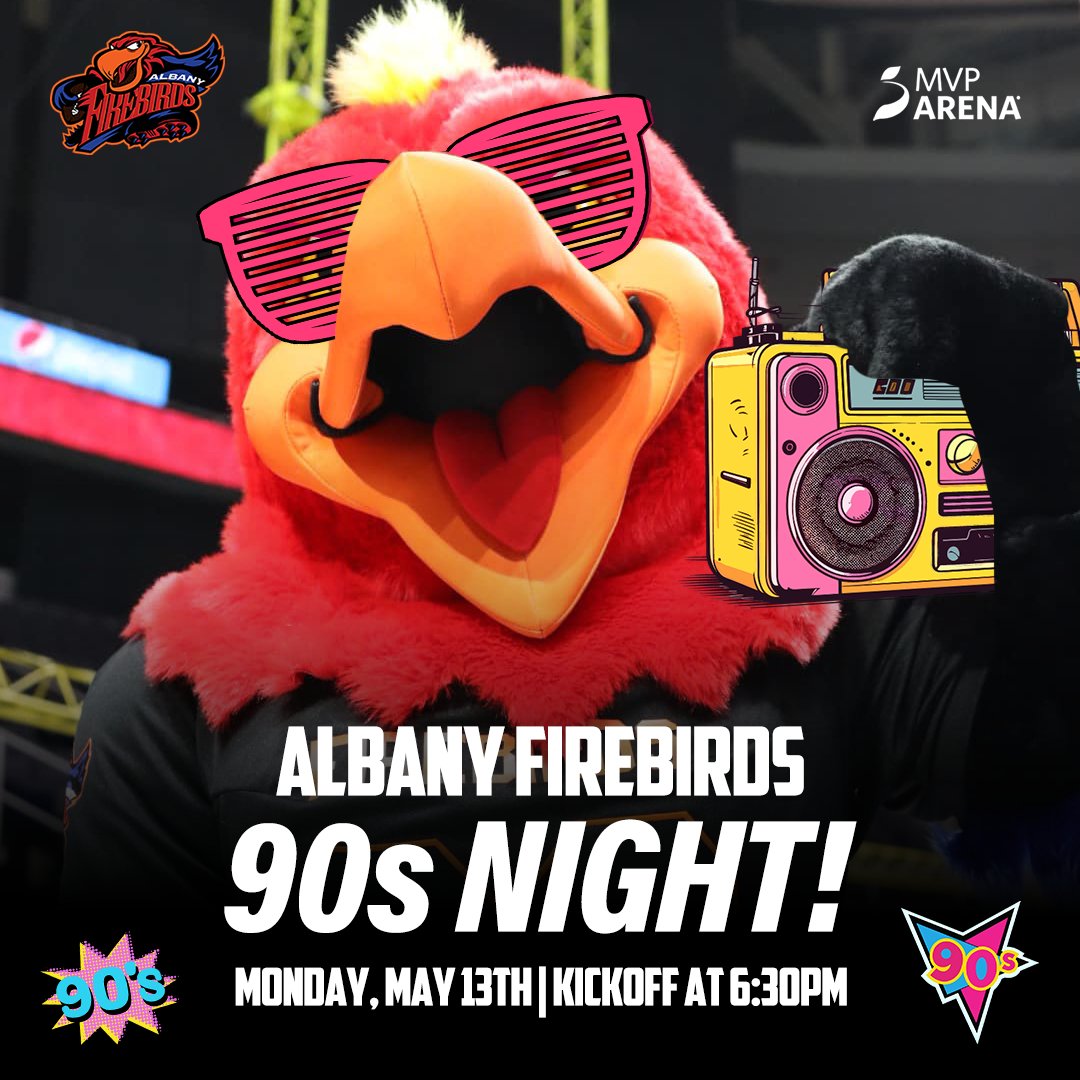 THIS MONDAY! Party like it's 1999 as the Firebirds battle the Minnesota Myth inside the MVP Arena starting at 6:30pm. 90s Music, 90s Games and so much more! 🔥🦅 Secure your seat! ticketmaster.com/albany-firebir…