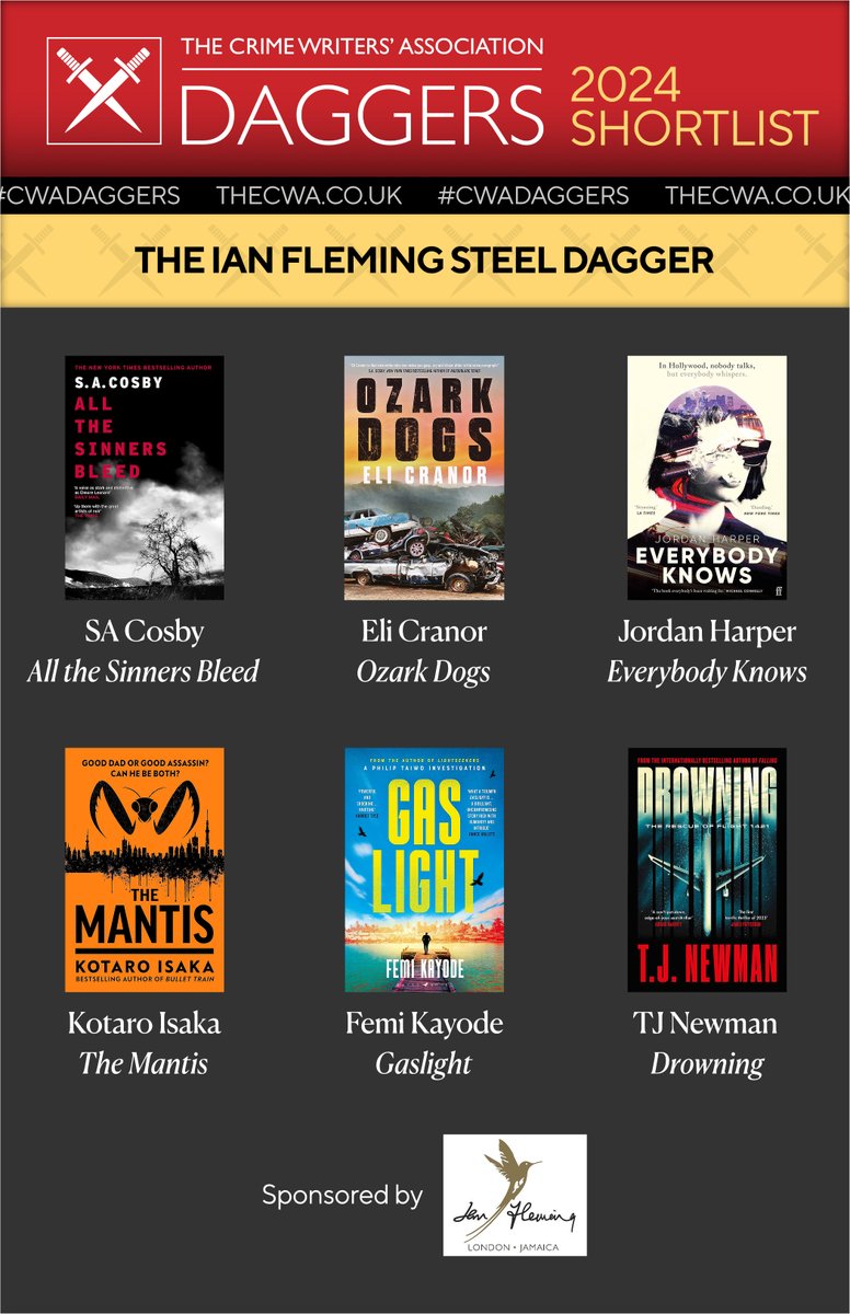 Congrats to all the 2024 @The_CWA Daggers shortlistees, which have just been announced at @CrimeFest in Bristol. Last year was a terrific year for crime and thriller writing, and there's some superb books throughout the various shortlists. eg, here's Gold and Steel Dagger s/lists