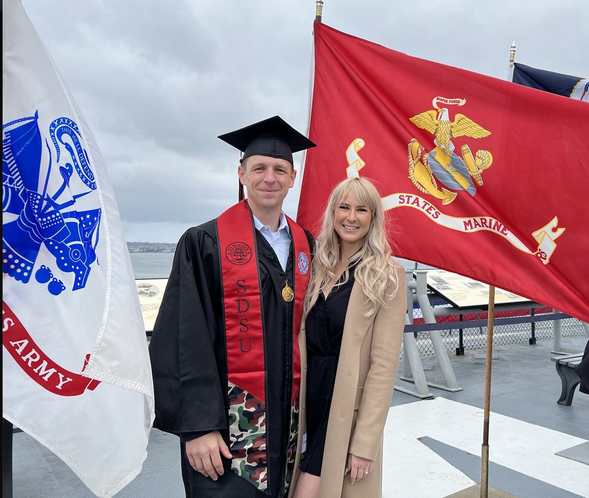 After serving 9.5 years in the @USMC, Christopher Phillips enrolled in @SDSU. 5 years later, he marched across the USS Midway Aircraft Carrier at SDSU’s Inaugural Veteran Commencement Ceremony w/a degree in aerospace engineering. 🗞 Read on: bit.ly/3wktouh. #Classof2024