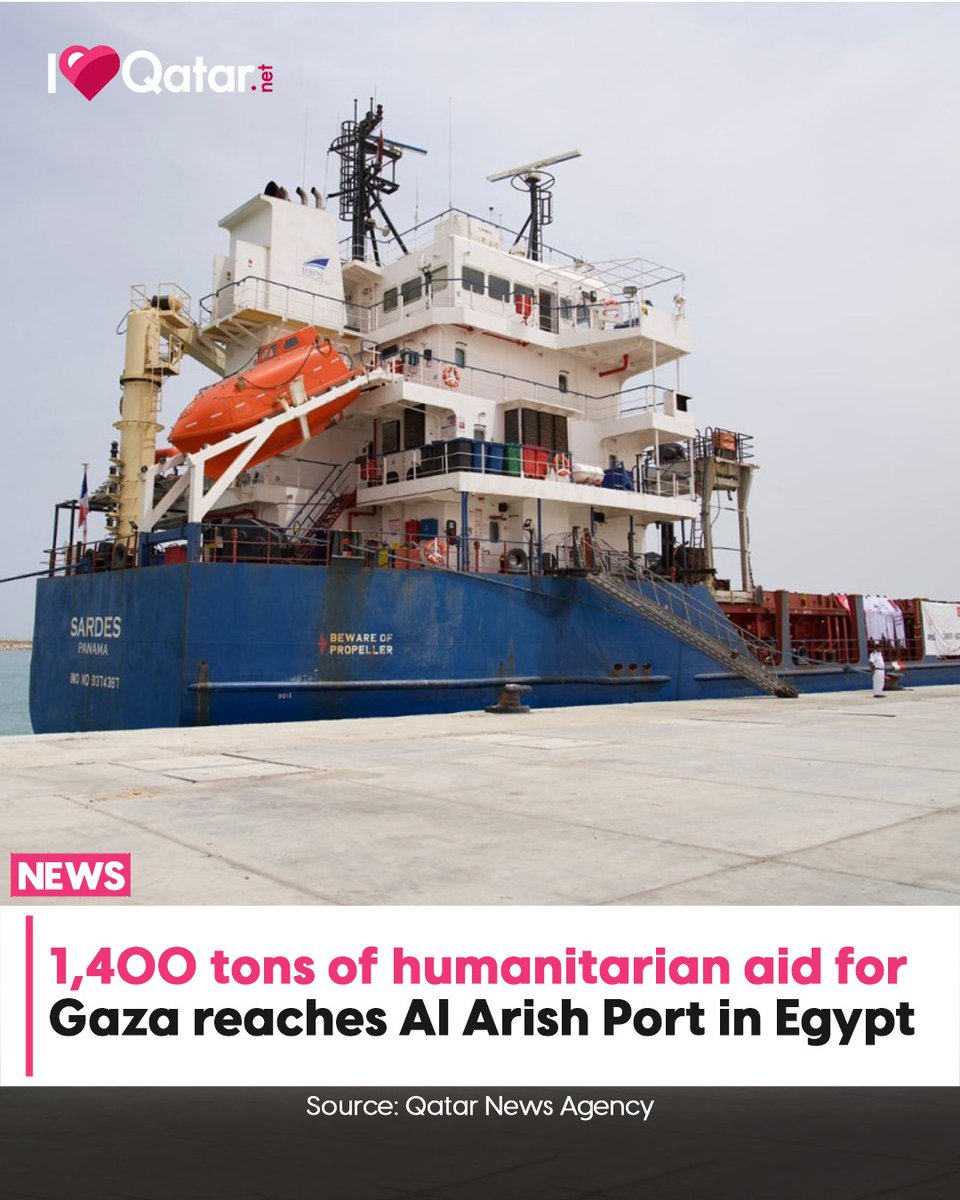 🇵🇸🇶🇦The ship, provided by the Qatar Fund For Development (QFFD), sailed from the Turkish Port of Mersin on 8 May 2024, bound for Al Arish Port. 👉Also, in collaboration with the Republic of Turkiye, QFFD has contributed approximately 1,400 out of 1,900 tons of urgent aid aboard…