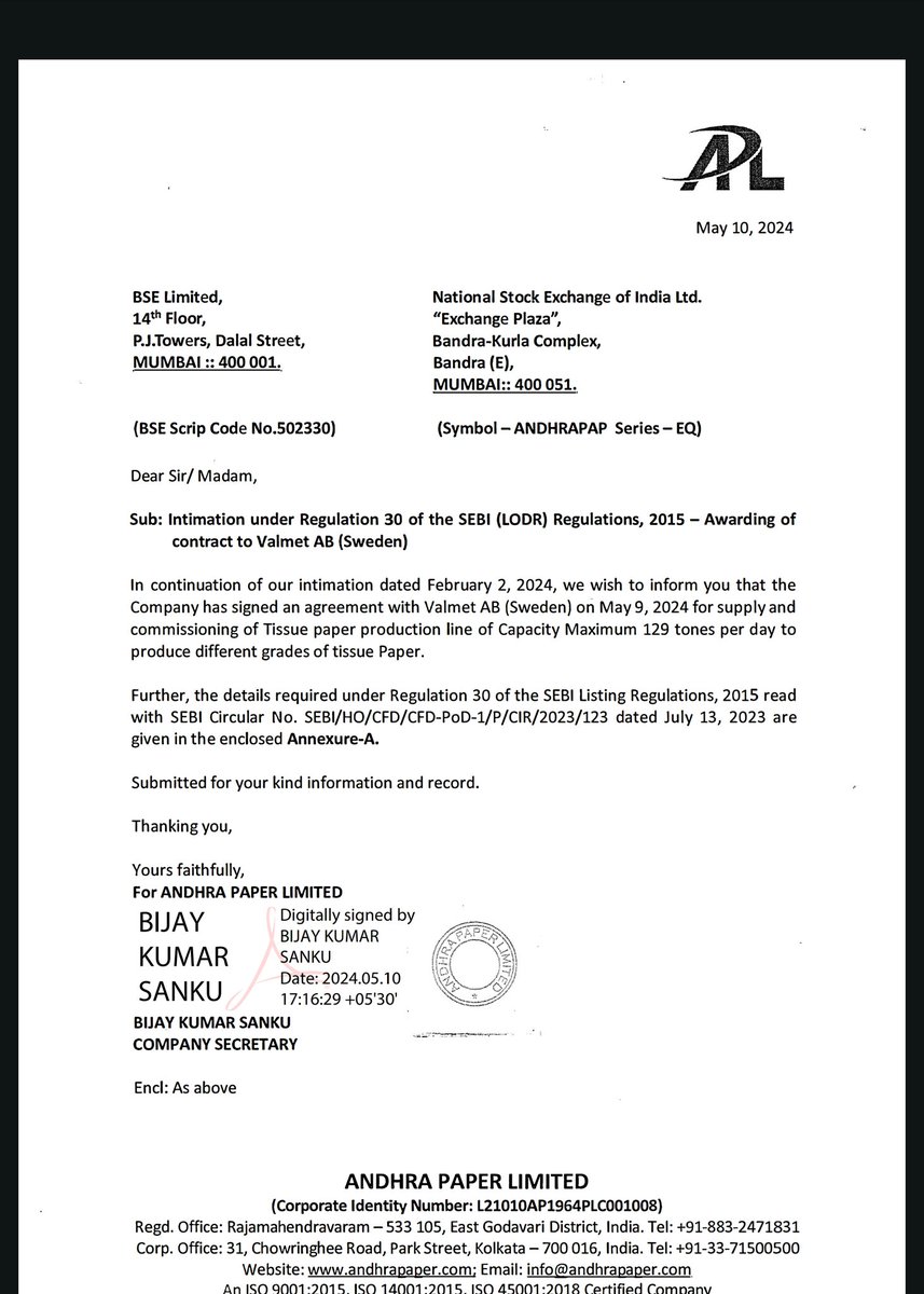 Stockxwatcher's tweet image. Stock: ANDHRAPAP

Valmet AB (Sweden) on May 9, 2024 for supply and 
commissioning of Tissue paper production line of Capacity Maximum 129 tones per day to 
produce different grades of tissue Paper

#ANDHRAPAP #PriceAction #stocks #stockstowatch #trading     #StockMarketNews…