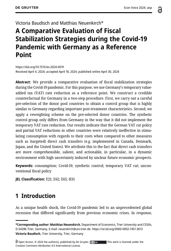 'more comprehensible, salient, and actionable'

Those were the #cashtransfers attributes that, during the pandemic, made them more cost-effective in bolstering consumption than VAT rate reduction a la Germany.

Baudisch & @M_Neuenkirch
degruyter.com/document/doi/1…
