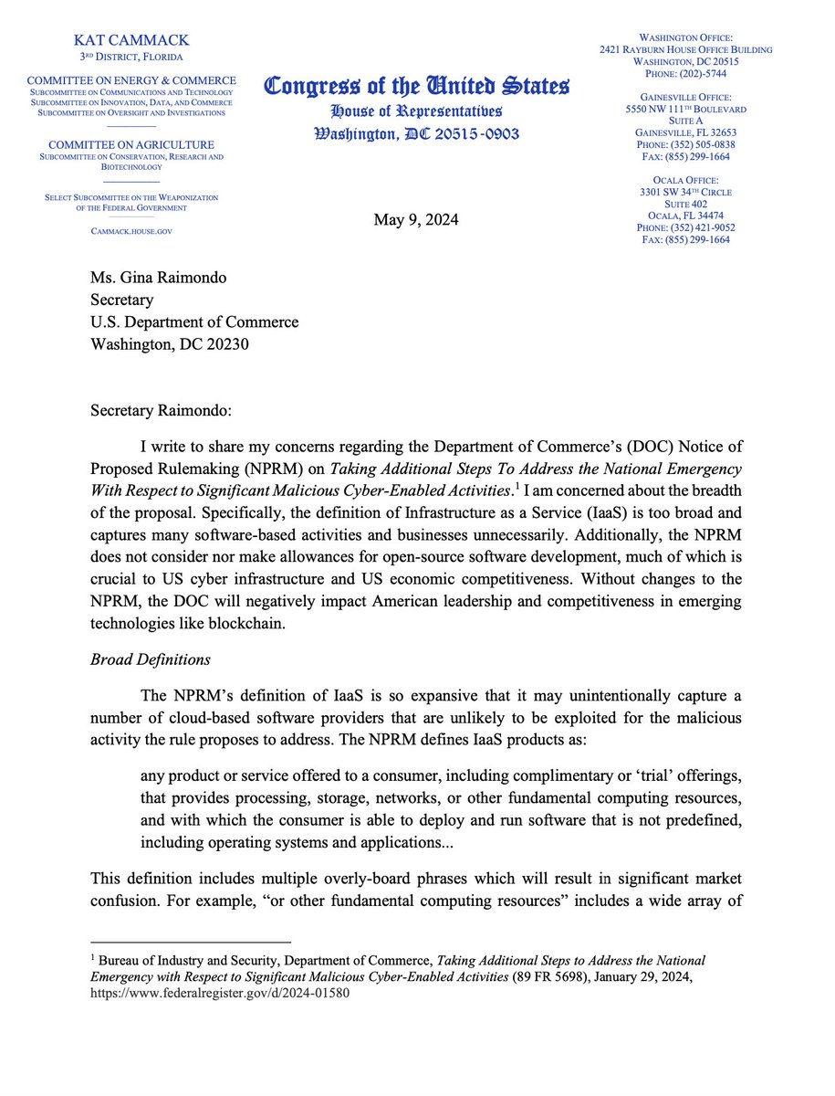 This week, Rep. Cammack sent a letter to @CommerceGov Sec. Raimondo about the NPRM for a new rule that threatens to stifle open-source software development, which is crucial to everyday mobile devices, websites, and especially blockchain development & innovation. ⬇️
