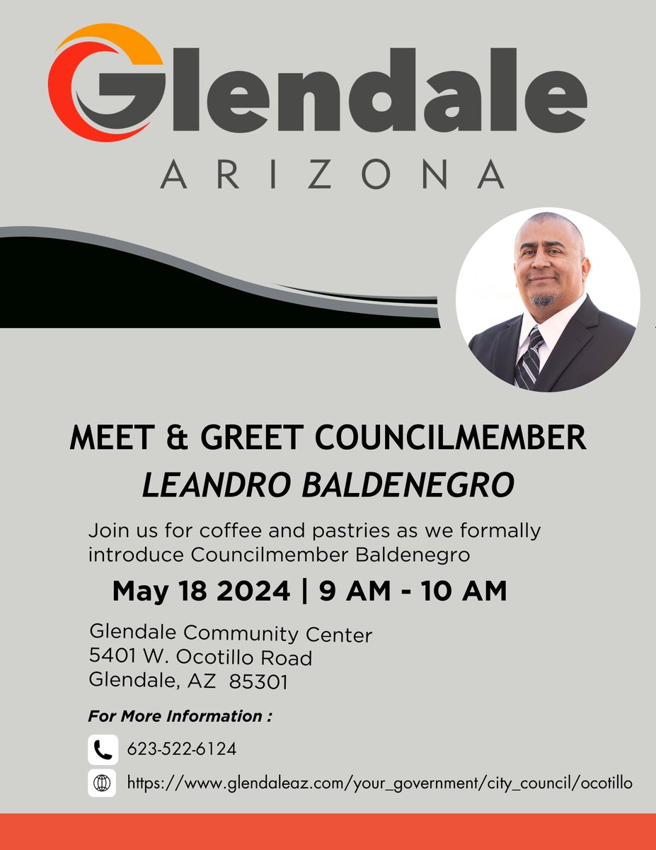 Next Saturday, May 18, we are hosting a Meet & Greet for Ocotillo District Residents at the @GlendaleAZ Community Center from 9-10 a.m. Please join us for good conversation, pastries and coffee.