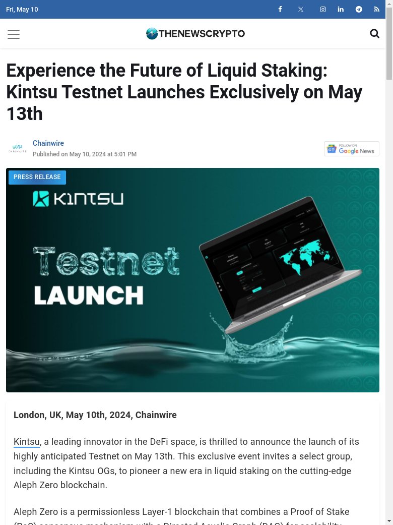 BREAKING NEWS :  Liquid staking innovation with Kintsu Testnet launch on May 13th. cryptoeco.net/tw/62e1.html  #LiquidStaking #Kintsu #TestnetLaunch