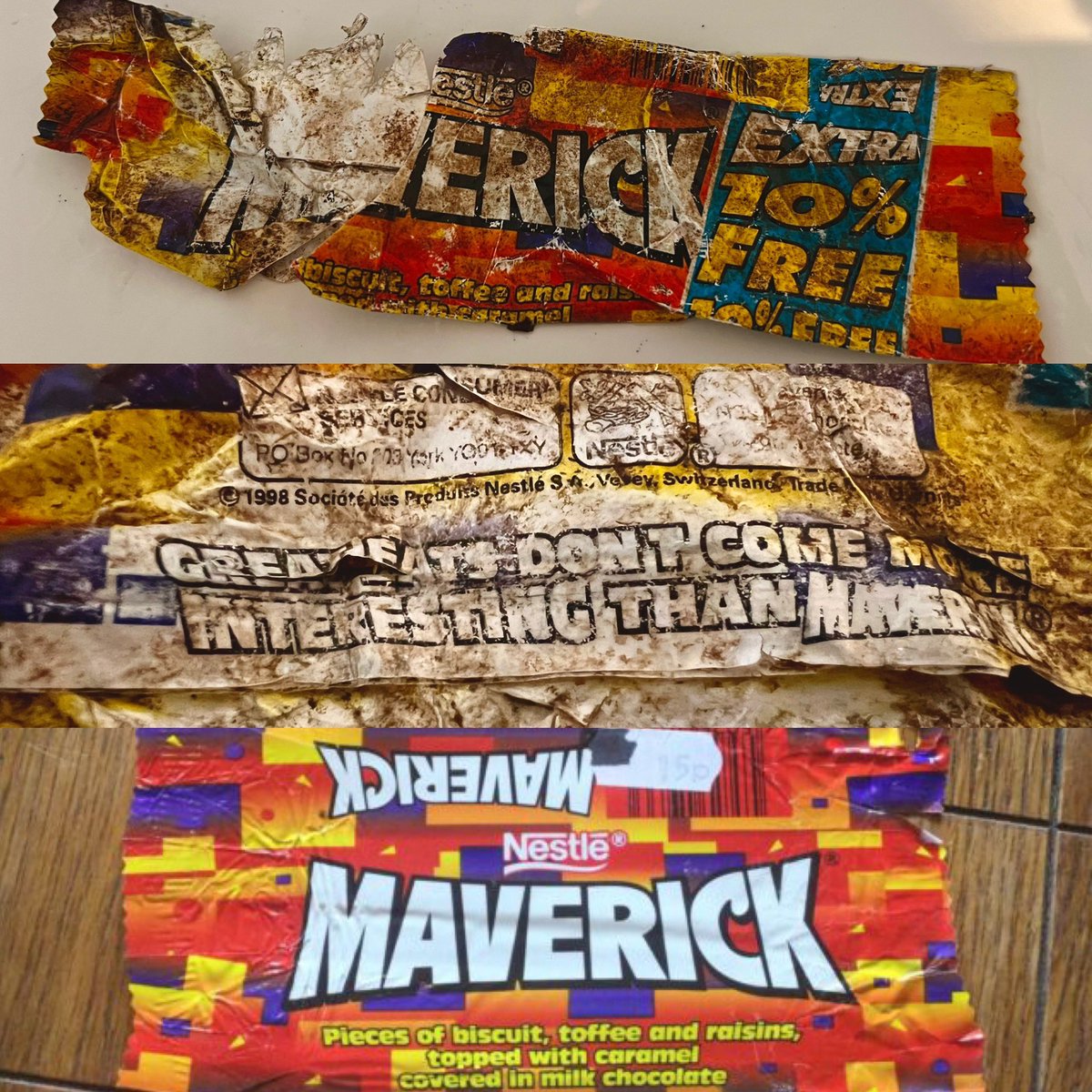 Found this Maverick chocolate bar wrapper too! They were around between ‘97 and 2000, so been sat in the mud all that time… #LoveBrixham #BeTheChange