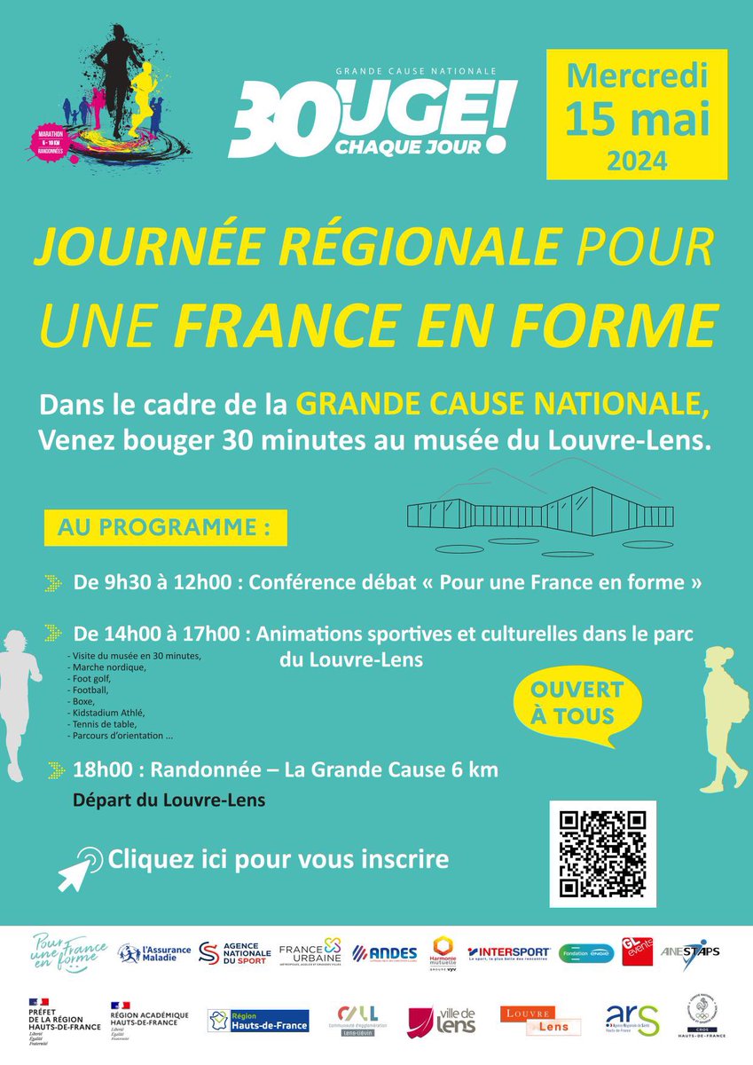 Journée Régionale pour une France en Forme 🗓️Mercredi 15 mai 📍Musée du Louvre-Lens Venez bouger avec les équipes de l’@Assur_Maladie à l’occasion de la journée 'Pour une France en forme' Grande Cause Nationale 2024 !👟 ➡️Inscription gratuite : bit.ly/44wZm2O