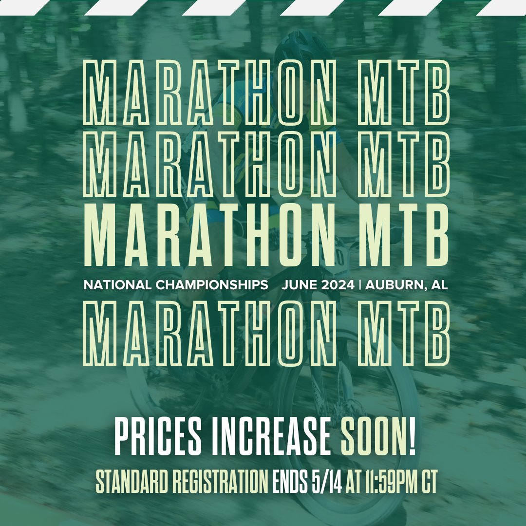Prices increase soon for the Marathon Mountain Bike National Championships! Register before midnight CT on May 14th to secure your spot at the best price.🙌 Learn more: mtbnats.usacycling.org/marathon-mtb Marathon #MTBNats | Auburn-Opelika Tourism | @ALStateParks | @Chewacla