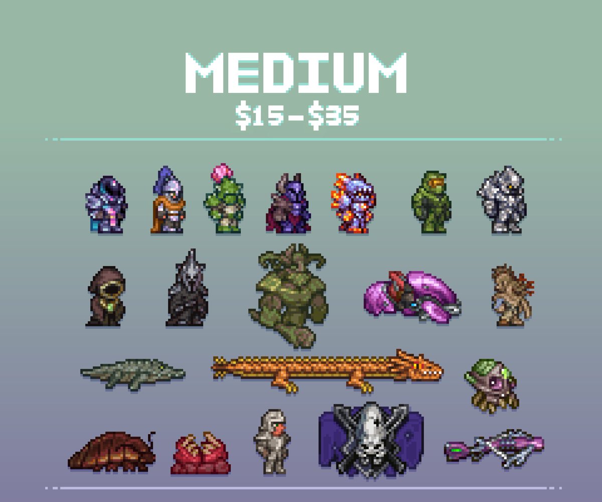 Swamon3X's tweet photo. I have decided I will start taking commissions! Retweets would be greatly appreciated 
Prices are generalized and vary by complexity and size. DM me here or discord if you have any questions 
#pixelart #commissionsopen https://t.co/dNvprVL716