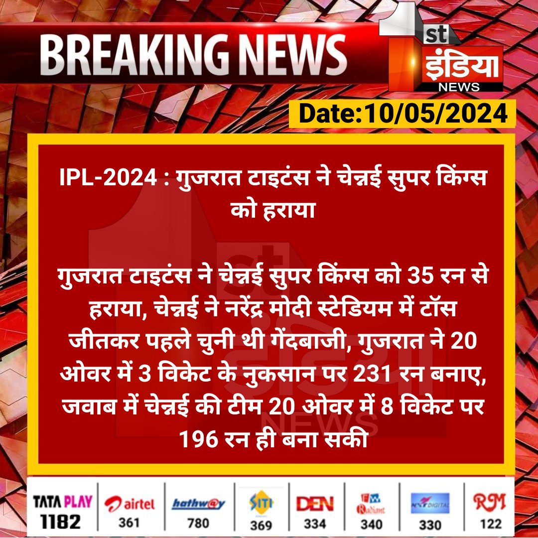 IPL-2024 : गुजरात टाइटंस ने चेन्नई सुपर किंग्स को हराया गुजरात टाइटंस ने चेन्नई सुपर किंग्स को 35 रन से हराया, चेन्नई ने नरेंद्र मोदी स्टेडियम में टॉस जीतकर... #FirstIndiaNews #IPL2024 #GTvsCSK