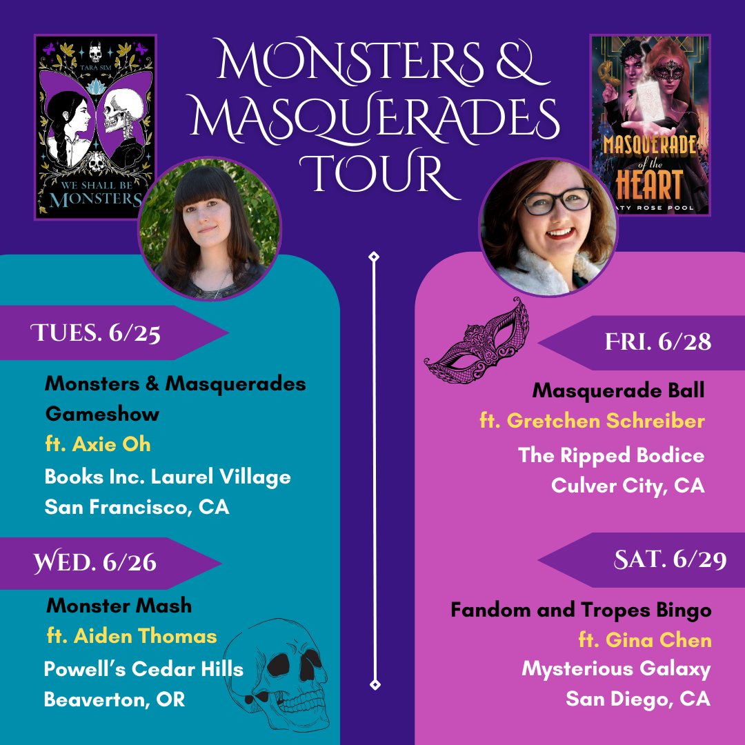 ✨TOUR ANNOUNCEMENT!✨ When @KatyPool and I found out our books released a week apart, we figured we HAD to take this show on the road. Come see us in SF, Portland, LA, and San Diego for a spooky, fancy, fun time! There'll also be exclusive swag and goodies 👀