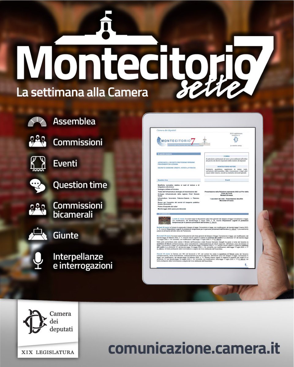 La settimana alla Camera: l’Assemblea, le Commissioni, gli Eventi, nella newsletter #Montecitorio7.

Leggi: bit.ly/Montecitorio7_…

#OpenCamera